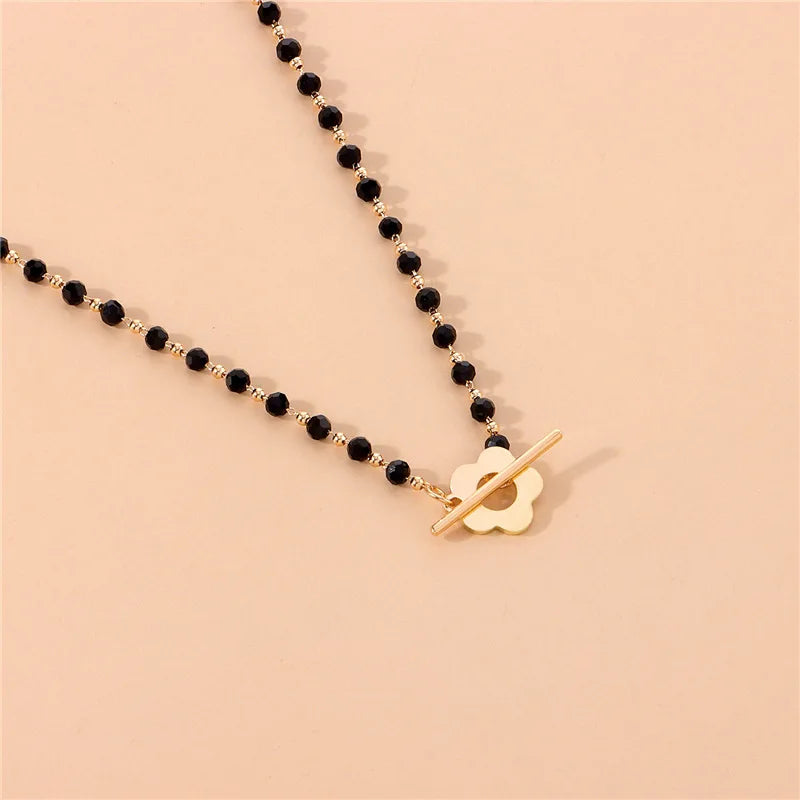 LATS 2022 Fashion Luxury OT Buckle Crystal Glass Bead Chain Choker Necklace for Women Flower Lariat Lock Collar Necklace Gift