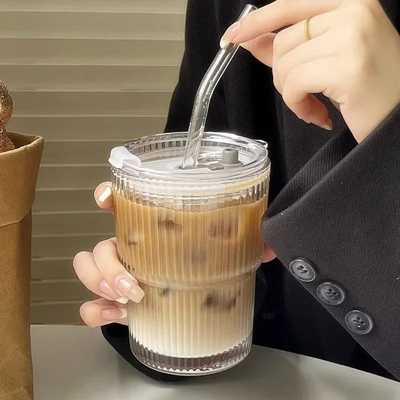 600ml Stripe Glass Cup with Lid and Straw Transparent Drinking Glasses for Juice Water and Iced Coffee Cups Mug Drinkware - 4