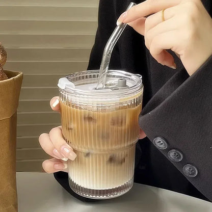 600ml Stripe Glass Cup with Lid and Straw Transparent Drinking Glasses for Juice Water and Iced Coffee Cups Mug Drinkware - 4