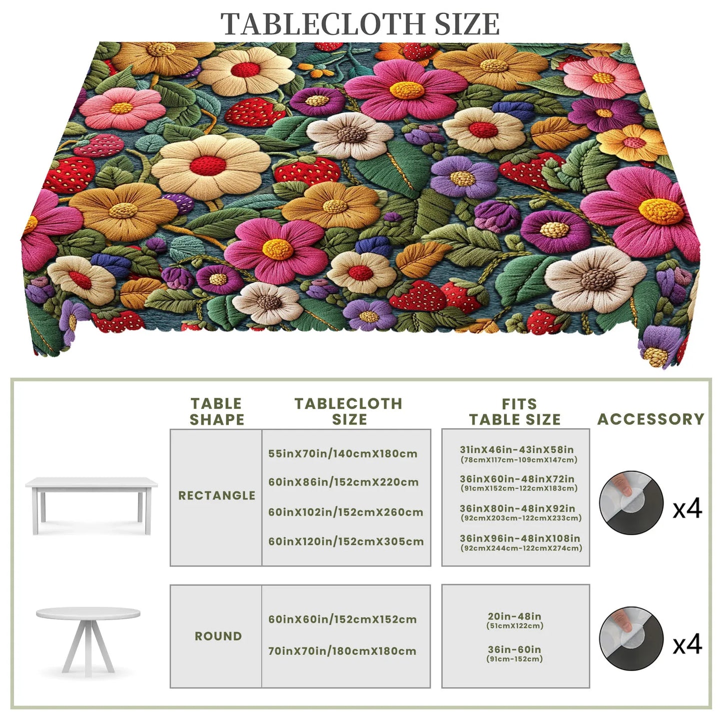 1 Piece of Spring Floral Print Tablecloth, Colorful Flowers, Strawberry Pattern, Embossed Edge Craftsmanship, Available in Ro