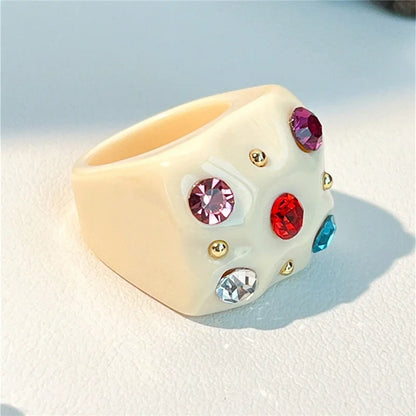 2022 New Sweet Multicolor Resin Oil Drip Ring for Women Geometric Oval Flowers Beads Rhinestones Ring Cute Jewelry HangZhi - 
