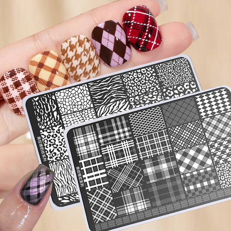 Elegant Grid Nail Stamping Plates 10*15cm Plus Size Plaid Line Stripe Butterfly Flower Design Nail Art Plates DIY Printing To