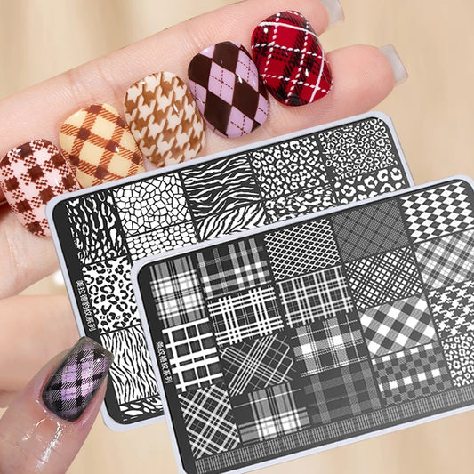 Elegant Grid Nail Stamping Plates 10*15cm Plus Size Plaid Line Stripe Butterfly Flower Design Nail Art Plates DIY Printing To