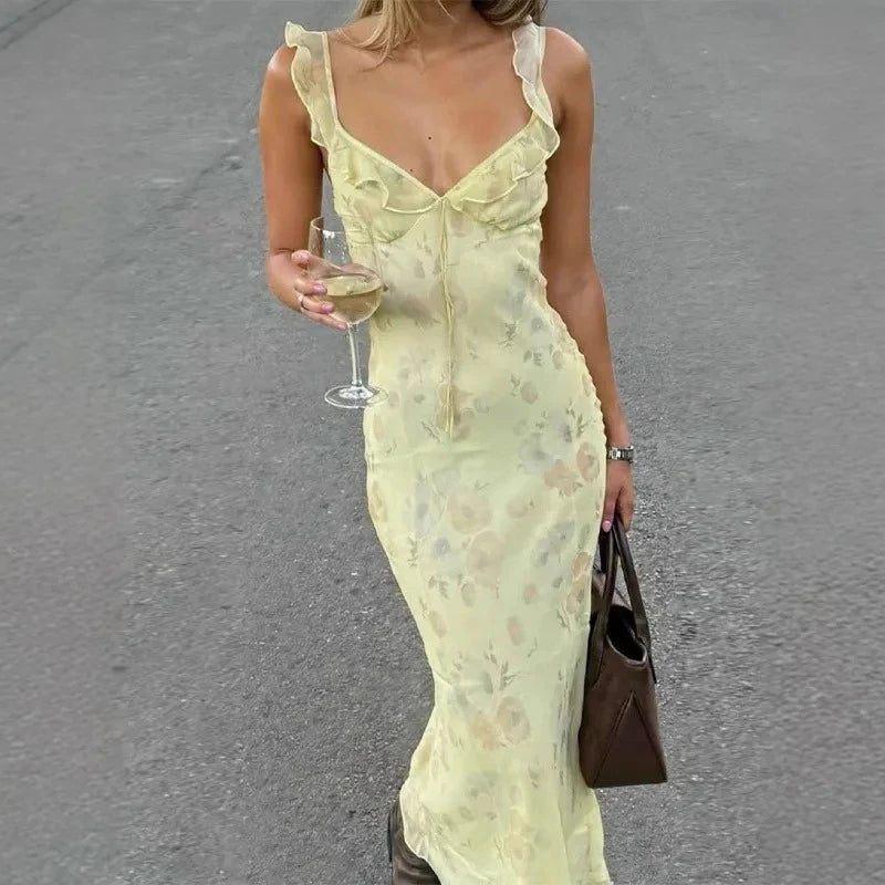 Summer Flower Printed Women's Sexy Low-cut Dress Sleeveless Backless Slim Sling Dresses 2025 Beach Vacation Lady Vestidos - Y