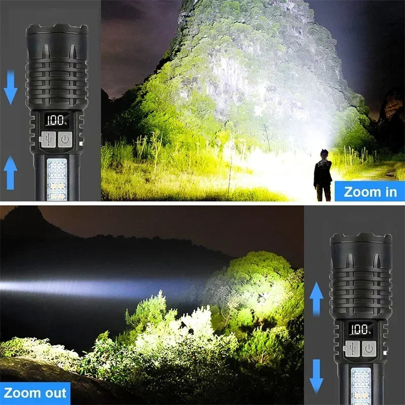 High Power LED Flashlights With Display Screen Zoom Tactical Torch Portable Rechargeable Lamp with Emergency Side Light Lante