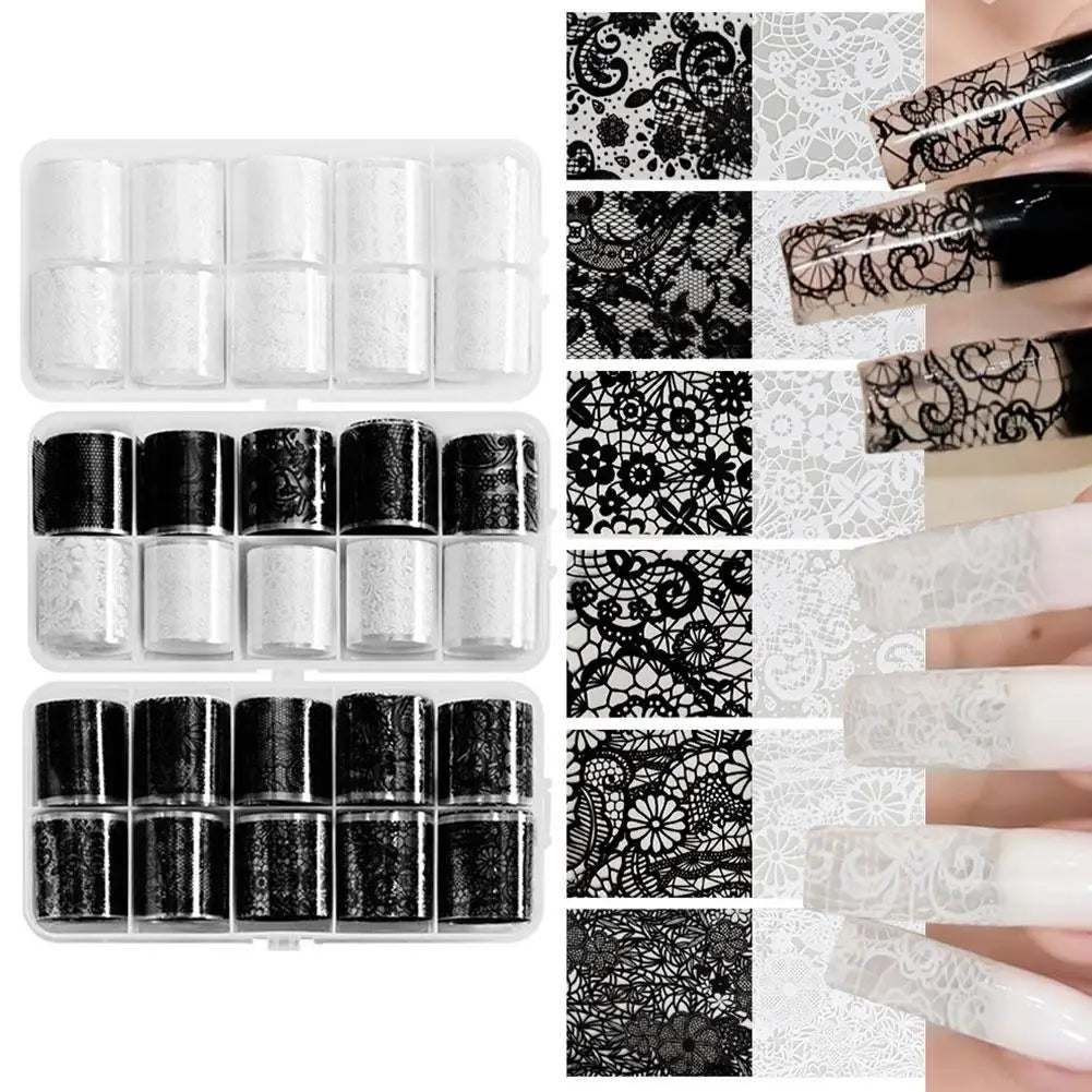 10 Rolls Black White Lace Nail Foil Transfer Stickers DIY Waterproof Nail Decoration Supplies Nail Accessorie