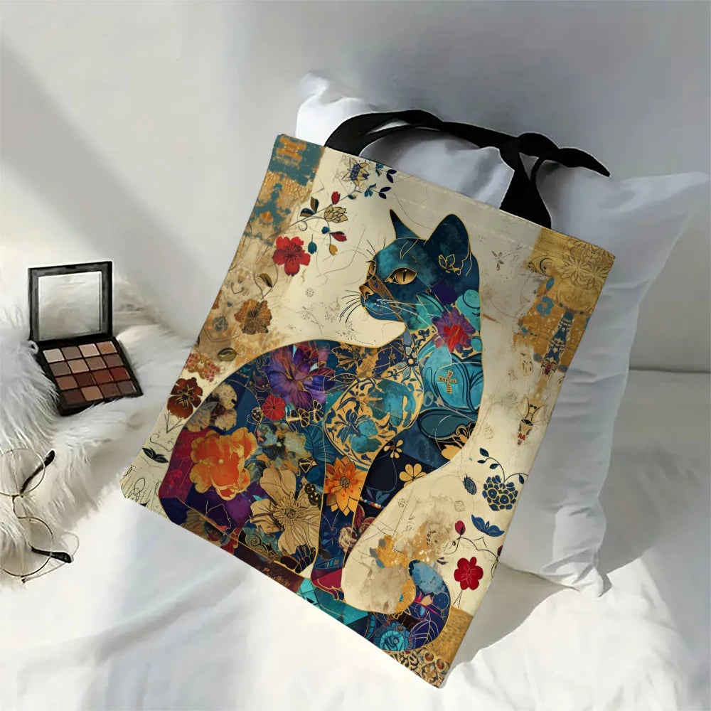 1/5/10pcs Floral Cat Pattern Tote Bag, Aesthetic Canvas School Shoulder Bag, Lightweight Grocery Shopping Bag