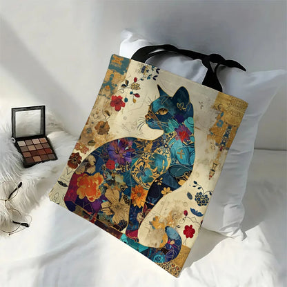 1/5/10pcs Floral Cat Pattern Tote Bag, Aesthetic Canvas School Shoulder Bag, Lightweight Grocery Shopping Bag