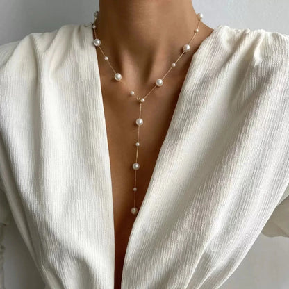 Elegant Imitation Pearl Y-Shaped Lariat Necklace For Women Simple Adjustable Long Sweater Chain Bridal & Banquet Jewelry Gift