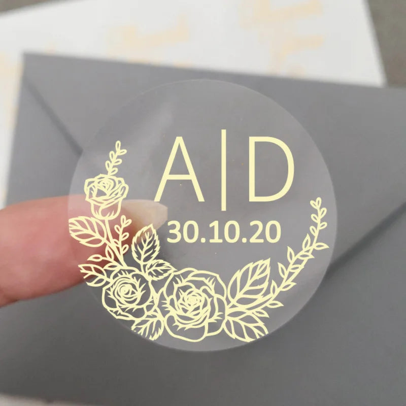 50 X Foiled Wedding Monogram Initials Stickers, Personalised Wedding Favour Labels, Custom Shiny Foil Gold Transparent