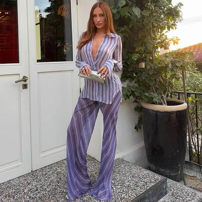 Stripe Wrap Tie Shirt Mini Dress Lapel Collar Long Flare Sleeve Loose Casual Dresses 2026 Summer Beach Vacation Fashion Outfi