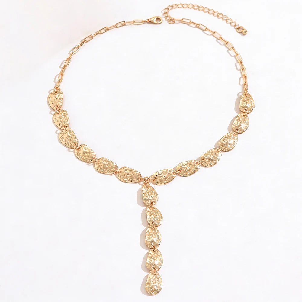 Vintage Y Shaped Lariat Necklace Gold Irregular Hammered Pendant Hypoallergenic Dainty Minimalist Daily Jewelry Gift for Wome