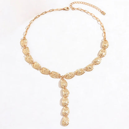 Vintage Y Shaped Lariat Necklace Gold Irregular Hammered Pendant Hypoallergenic Dainty Minimalist Daily Jewelry Gift for Wome