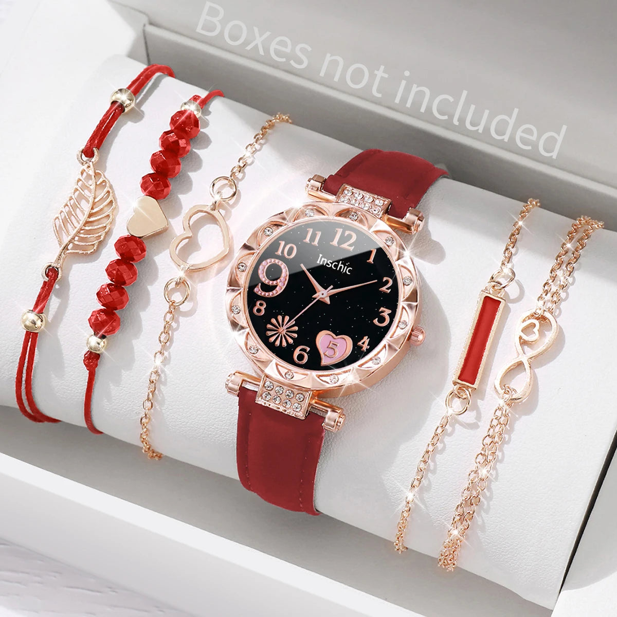 6PCS/Set Fashion Heart Dial Women's Watch Casual Leather Band Analog Quartz Watch Leaf Bracelets Set（Without Box） - Red Set N