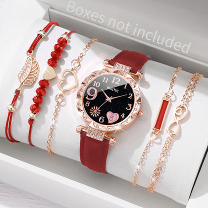 6PCS/Set Fashion Heart Dial Women's Watch Casual Leather Band Analog Quartz Watch Leaf Bracelets Set（Without Box） - Red Set N