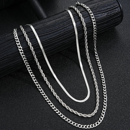 2024 New Simple Stainless Steel Silver Color Jewelry Sets for Men Unisex Punk Vintage Smooth Ring Necklace Bracelet Set Gifts