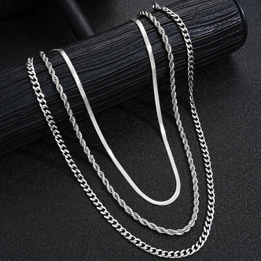 2024 New Simple Stainless Steel Silver Color Jewelry Sets for Men Unisex Punk Vintage Smooth Ring Necklace Bracelet Set Gifts