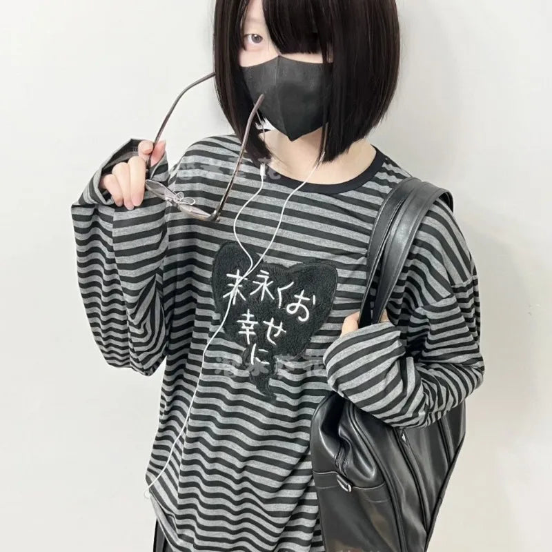 American Punk Vintage O Neck Long Sleeve Shirts All-Match Striped Design Harajuku Embroidery Tops Y2k Aesthetic High Street T