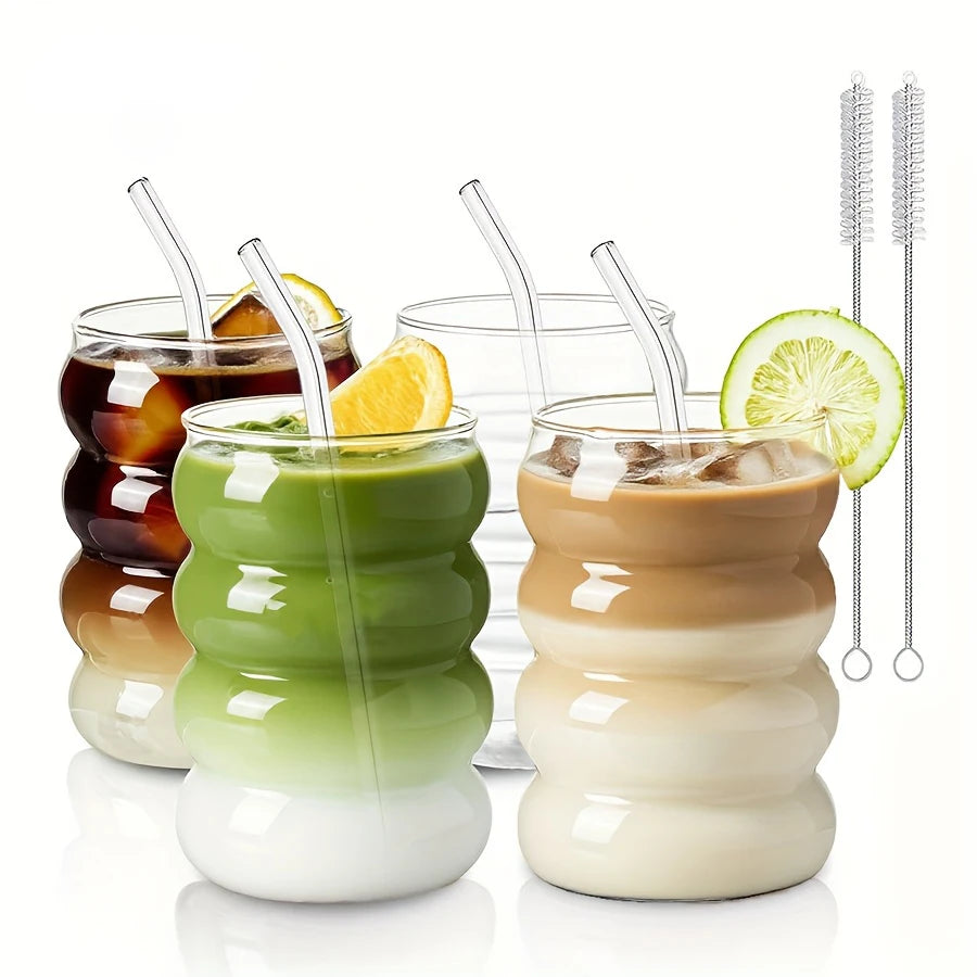 2 High Borosilicate Glass Coffee Cups 350ML/11.8oz with Straw and Brush, Vintage Ripple Design, Transparent Aesthetic Drinkwa
