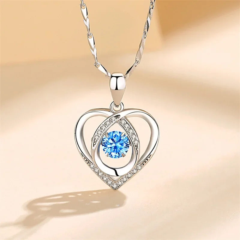 925 Sterling Silver Heart Shaped Necklace Bracelet Set for Women Vintage Korean Blue Crystal Bracelets Jewelry Set Party Jewe