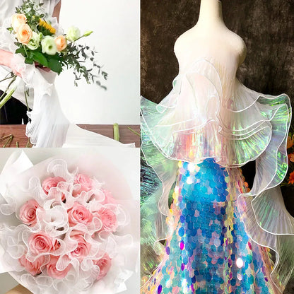 Lace Trim Organza Fabric Mermaid Ruffled Transparent Iridescent Laser Pleated for Patchwork Skirts Wedding Sewing Costume Sup