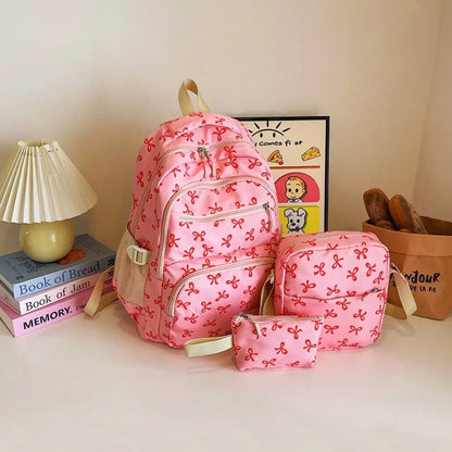 3 Pcs/Set Cute Schoolbag Large Capacity Bow Backpack Bow Print Nylon School Bag Adjustable Strap Travel Backpack - Pink