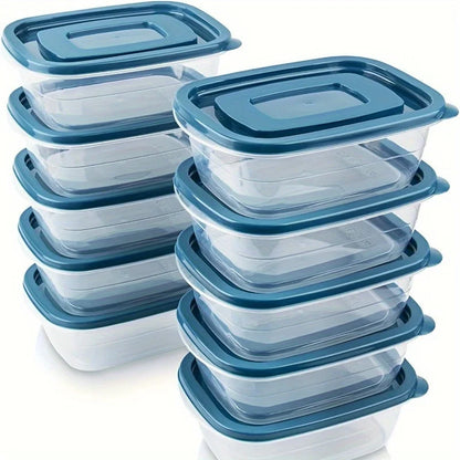 A Set of 6 Transparent Stackable Plastic Food Storage Containers with Blue Lids and Measurement Markings—Reusable, Dishwasher