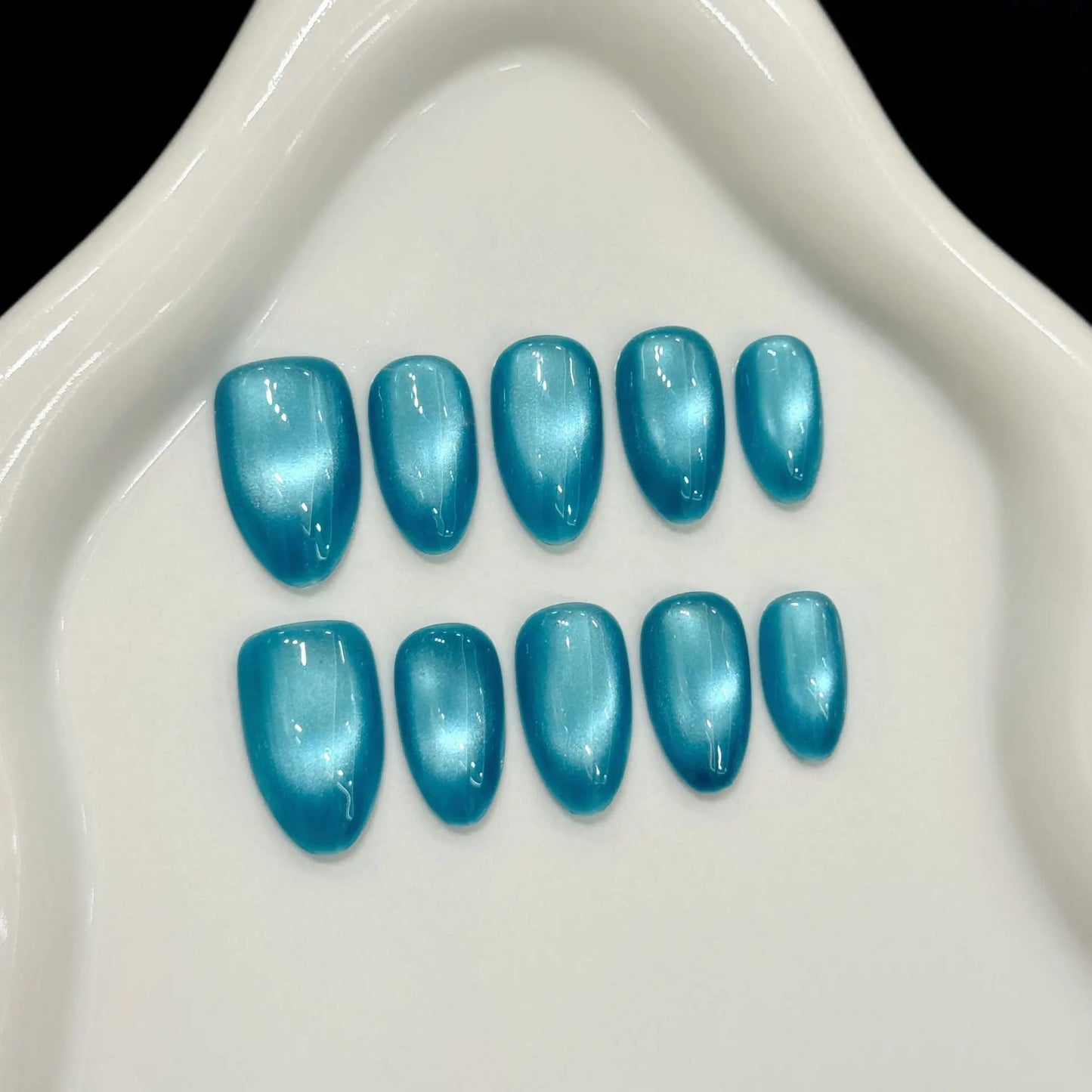 10pcs Handmade Press On Nails Solid Color Glossy Glass Beads Cat's Eye False Nails Full Cover Short Almond Fake Nail For Wome
