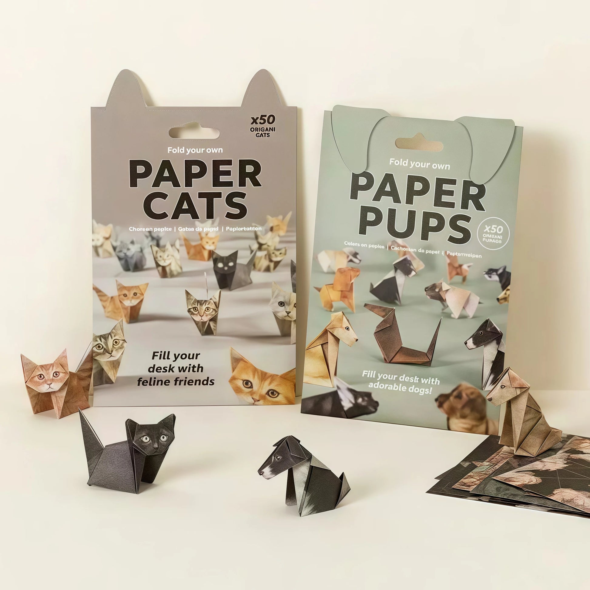 DIY Origami Paper Cats Dogs Dinosaurs Kit 50Pcs Fold Your Own Animal Craft Cute 3D Desk Decor Toy for Kids Adults Beginners G