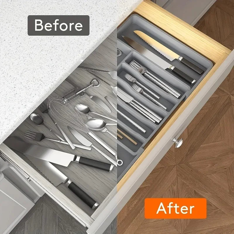 1Pcs Upgradation Adjustable Flatware Tableware Organizer – Plastic Multifunctional Drawer Organizer for Kitchen Counter Utens