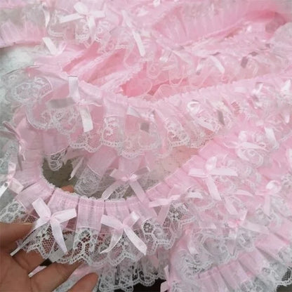 1Yard Pink Ruffle Wave Bow Embroidery Lace Fabric Trim DIY Clothing Wedding Home Gift Decoration Handmade Sewing Crafts Suppl