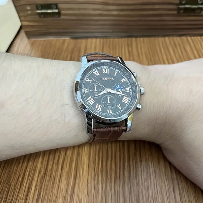 GENEVA Men's Luxury Belt Fashion Quartz Watch Men Round Business Student Sport Waterproof Glow Clock