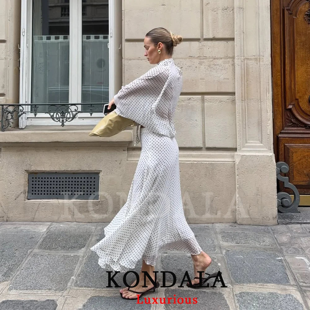 KONDALA Vintage Polka Dot Women Sets Chiffon Bow Tie Loose Blouses Loose Long Skirts Fashion 2026 Spring Summer Holiday Suits