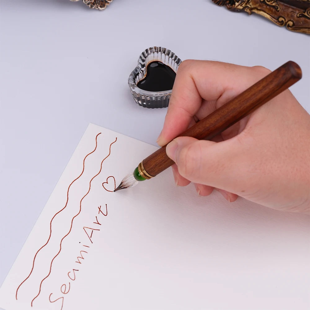 SeamiArt 1pc Wood Handle Glass Dip Pen for Calligraphy Students Writing Stationery Gift Fountain Pen Stationery Supplies