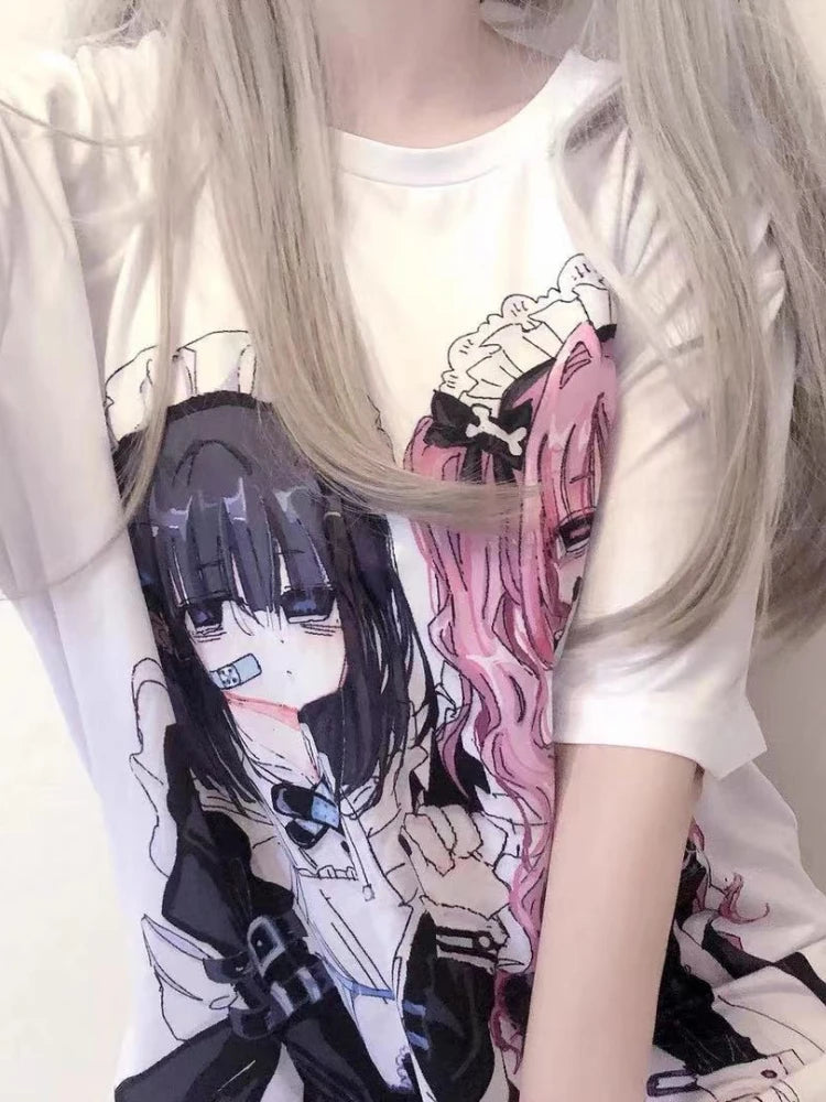 KOSAHIKI Y2k Aesthetic Cute Cartoon Print Round Neck Short-sleeved T-shirt Women 2026 Casual Loose Top Japanese Kawaii Tees