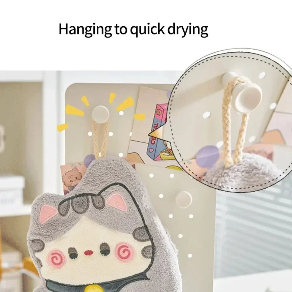 Cute Cat Hand Towel Quick Drying Kitchen Cleaning Rag Coral Velvet Cartoon Animal Absorbent Bathroom Hanging Towel Home Suppl