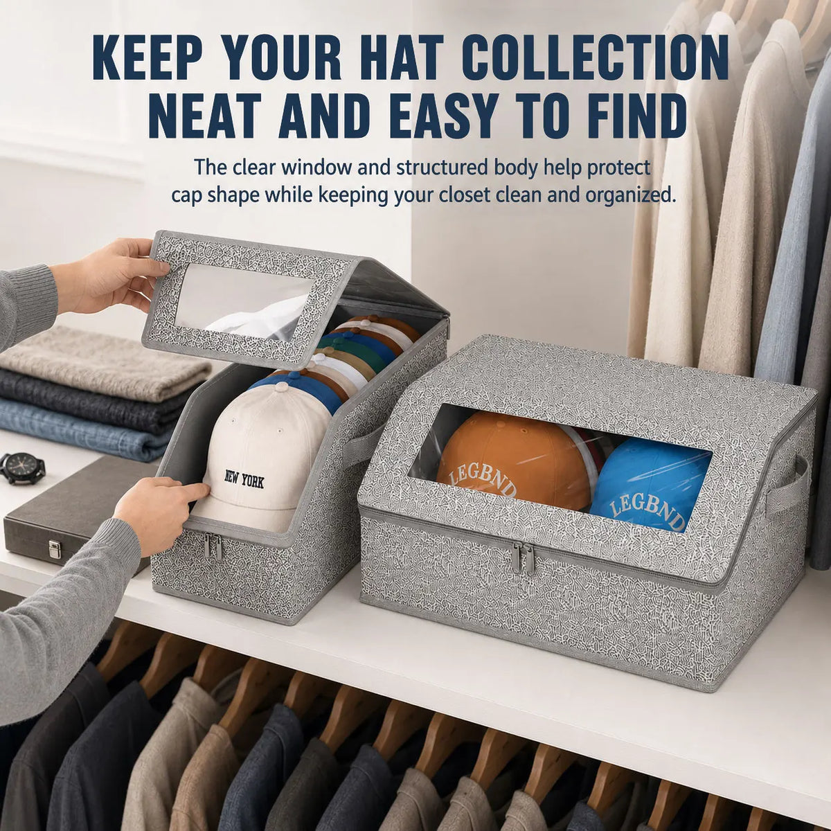 Hat Storage Box For Baseball Caps Clear Window Closet Organizer Dustproof Cap Holder Bag With Zipper Holds 24 Hats