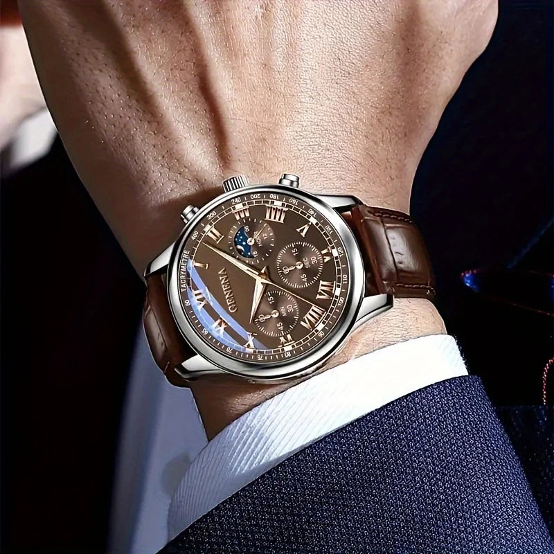 GENEVA Men's Luxury Belt Fashion Quartz Watch Men Round Business Student Sport Waterproof Glow Clock