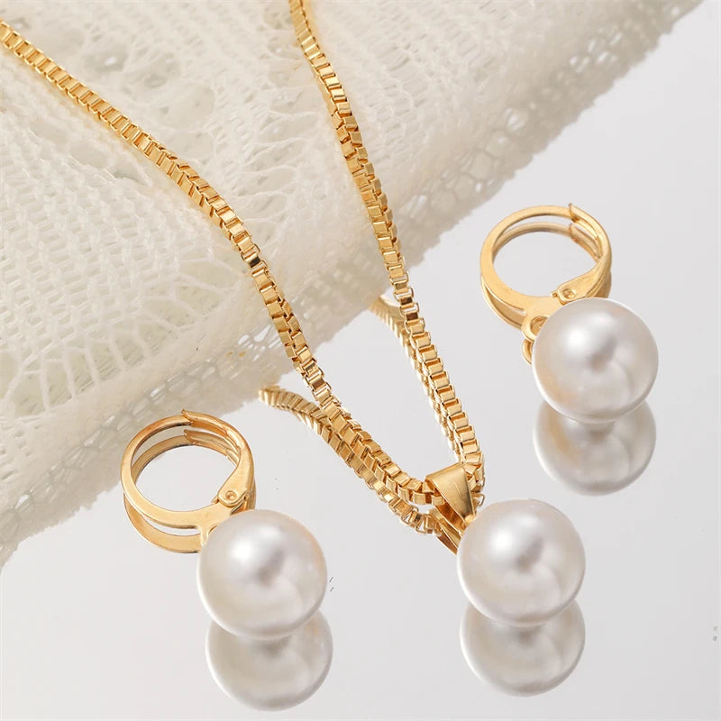 Fashion Elegant Imitation Pearl Pendant Jewelry Set for Women Vintage Gold Color Chain Necklace Earring Girl Wedding Party Gi