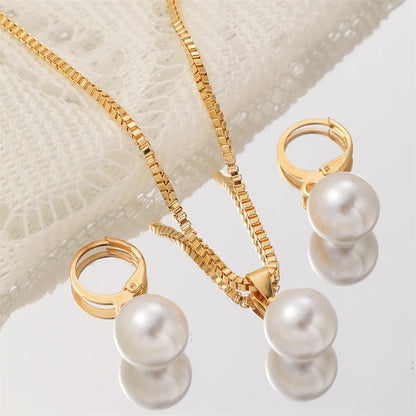 Fashion Elegant Imitation Pearl Pendant Jewelry Set for Women Vintage Gold Color Chain Necklace Earring Girl Wedding Party Gi