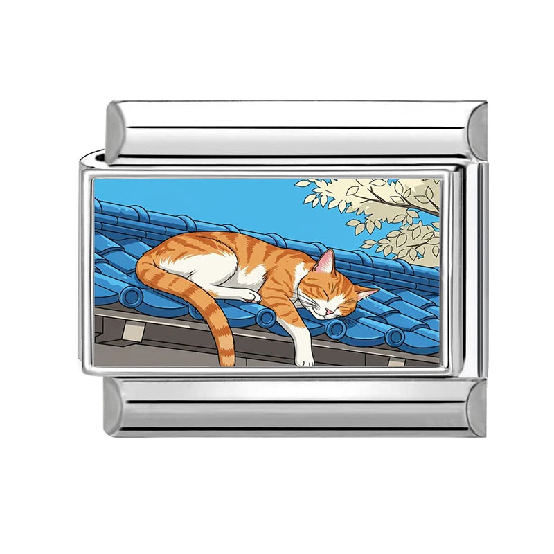 2026 New Women's Gift Cute Cat Looks at the cake Italian Charm Links Beads Fit 9mm Stainless Steel Modular Bracelet Jewelry G