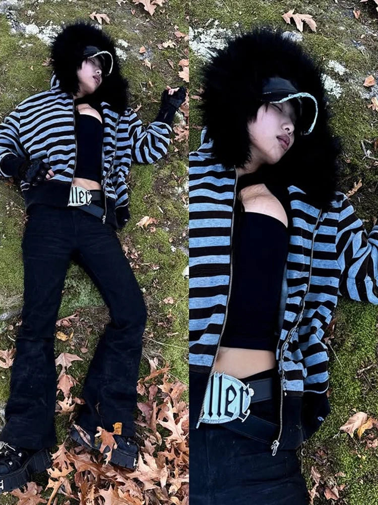Goth Aesthetic Women Hoodie Harajuku Retro Y2K Emo Girl Fur Collar Cardigan Sweatshirt Rock Punk Hip Hop Casual Loose Streetw
