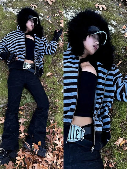 Goth Aesthetic Women Hoodie Harajuku Retro Y2K Emo Girl Fur Collar Cardigan Sweatshirt Rock Punk Hip Hop Casual Loose Streetw