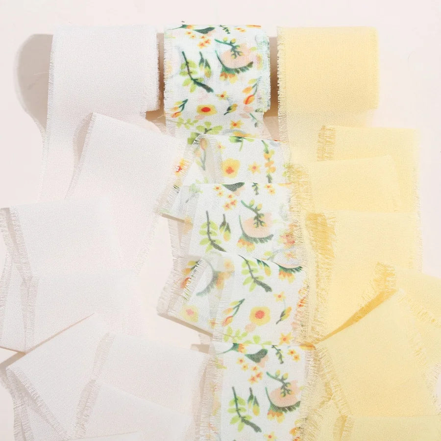 3 Roll/set 5m Frayed Edged Satin Handmade Chiffon Silk Ribbon For Wedding Invitation Bouquets Birthday Party DIY Decoration G