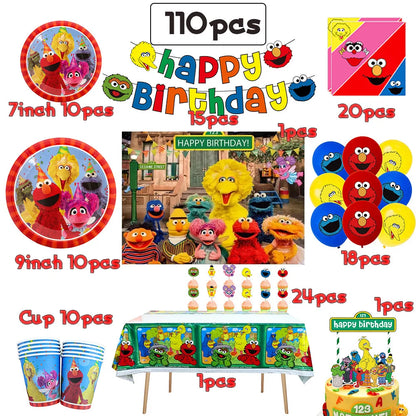 Cartoon Sesames Street Birthday Party Decor Elmo and Friends Theme Tablecloth Plate Balloon Set Cake Decor Baby Shower - 1Set