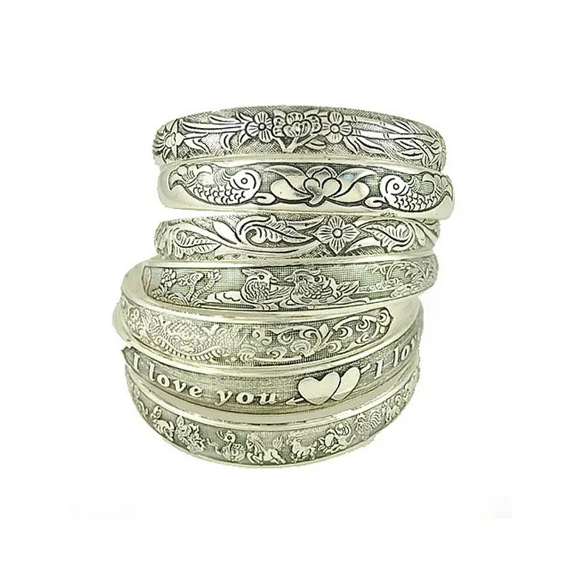 Retro Cuff Bracelets Tibetan Silver Metal Carving Fish Elephant Flower Bangles Vintage Gypsy Jewelry Female Gifts