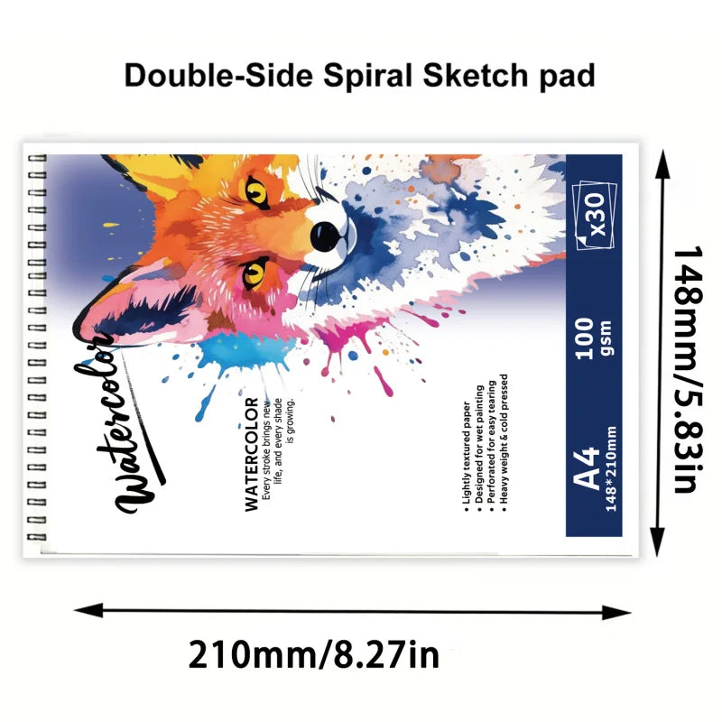 A4 /A5Spiral-Bound Watercolor Pad, 30 Pages, 100gsm Rough Paper, Wolf-Patterned Cover, Acid-Free for Artists & Hobbyists