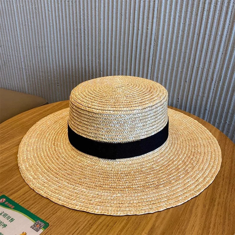Boater Straw Hat wide brim French elegant square ribbon women's sun hat holiday straw hat 모자 햇빛 가리개