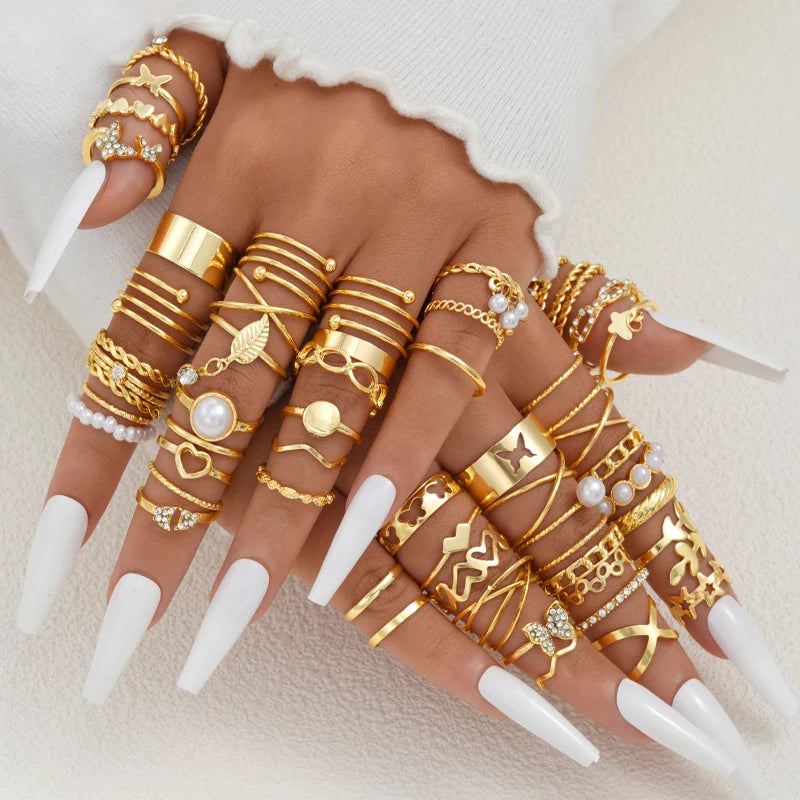 58PCS Vintage Heart Snake Butterfly Rings Set for Women Fashion Metal Gold Plated Geometric Hollow Finger Ring Jewelry Gifts 