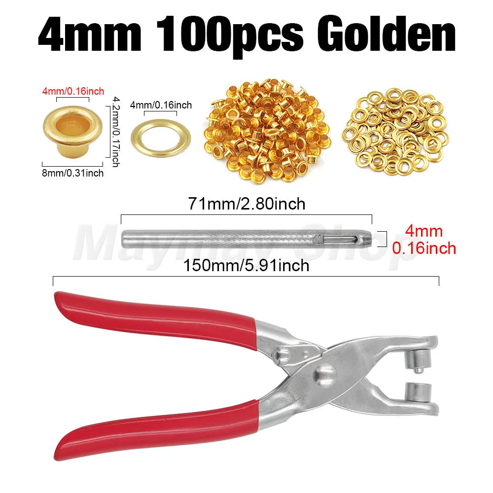 4mm/6mm/12mm Eyelet Grommet Install Plier With 100 Sets Eyelet Metal Hole Ring For DIY Cap Bag Clothes Leathercraft Shoes Bel